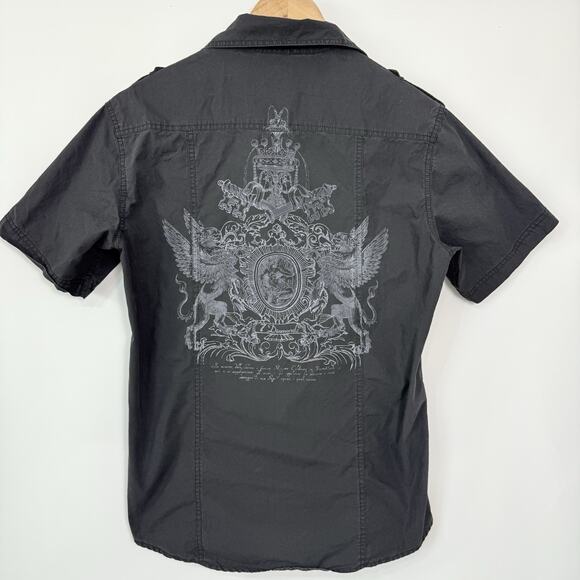 7 Diamonds Button Up Shirt Mens Med Black Embroidered‎ Crown Graphic Print Back - Picture 2 of 8